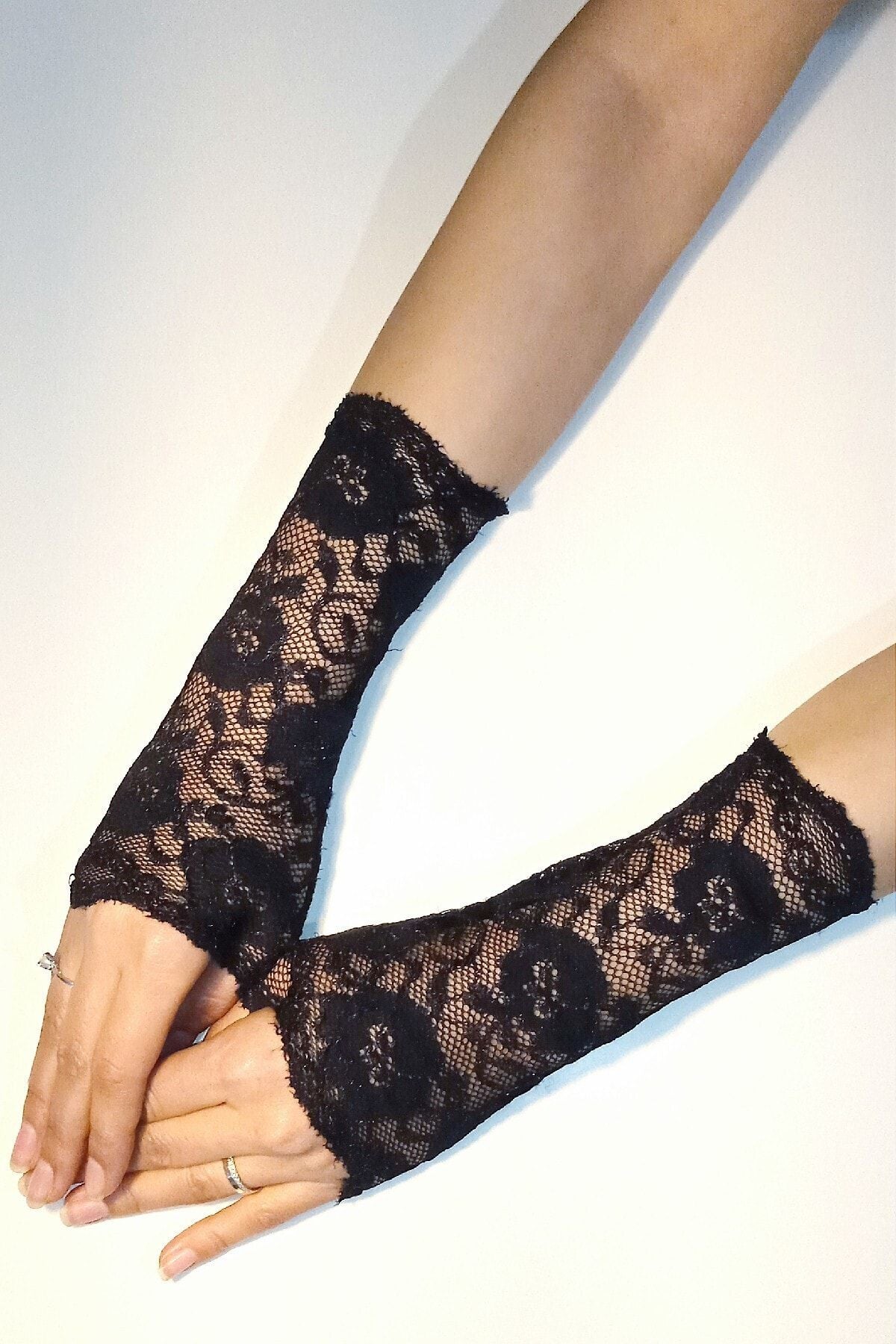 Dantel Eldiven Siyah Çiçek Desenli 2025 Yaz-Sonbahar