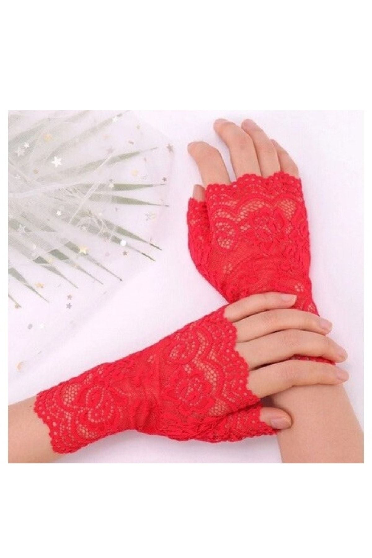 Dantel Eldiven Siyah Çiçek Desenli 2025 Yaz-Sonbahar